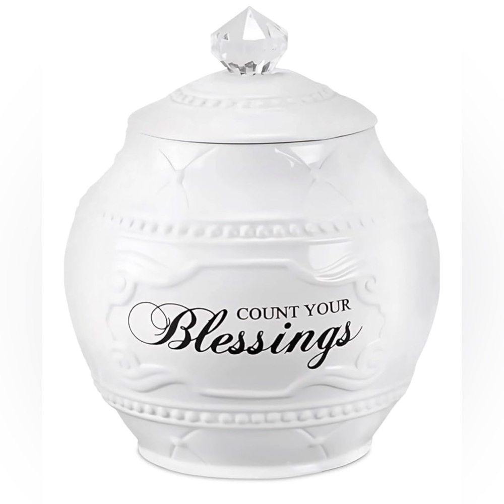 White Ceramic 'Count Your Blessings' Jar- NWT